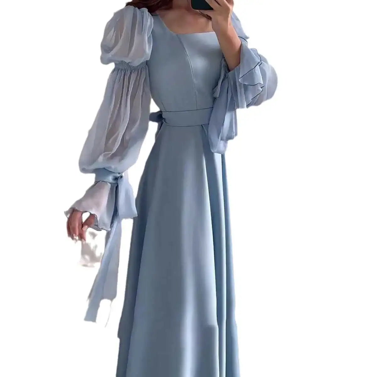 Eid Muslim Party Dress Women Sweet Puff Sleeve Long Dress Square Collar Vestidos Largo Ramadan Abayas Dubai Arab Long Robe 2024 - Lootquake