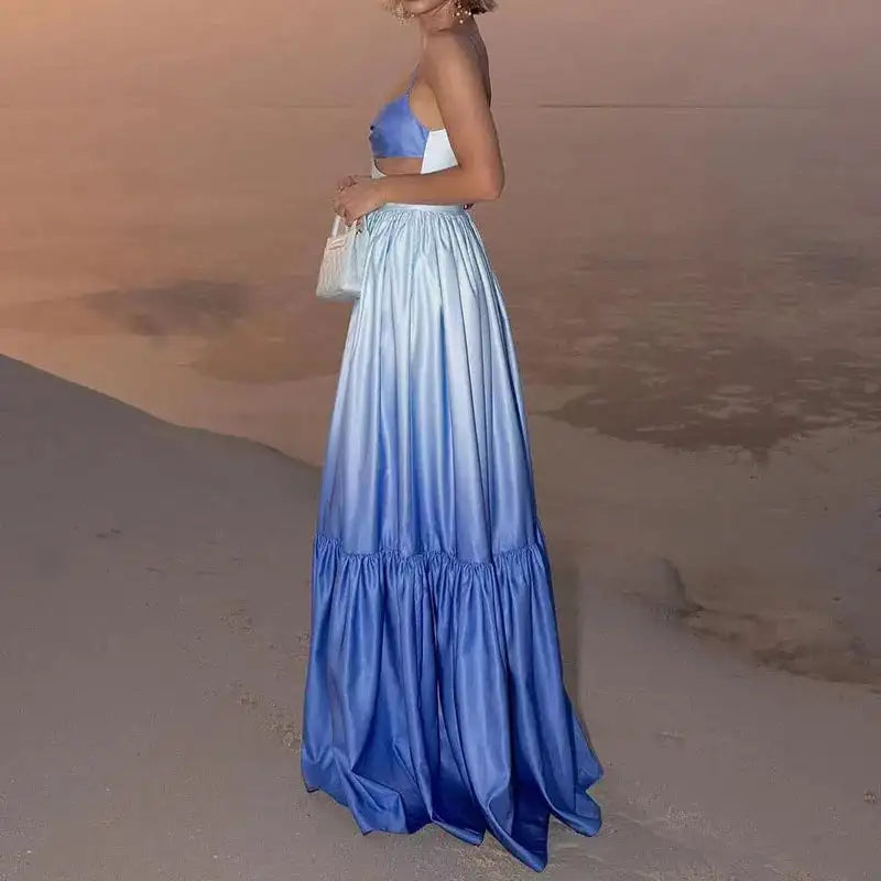 2024 New Spaghetti Strap Gradient Print Long Dress Lady Sexy V-neck Hollow Backless Evening Dress Elegant Sleeveless Slim Dress - Lootquake