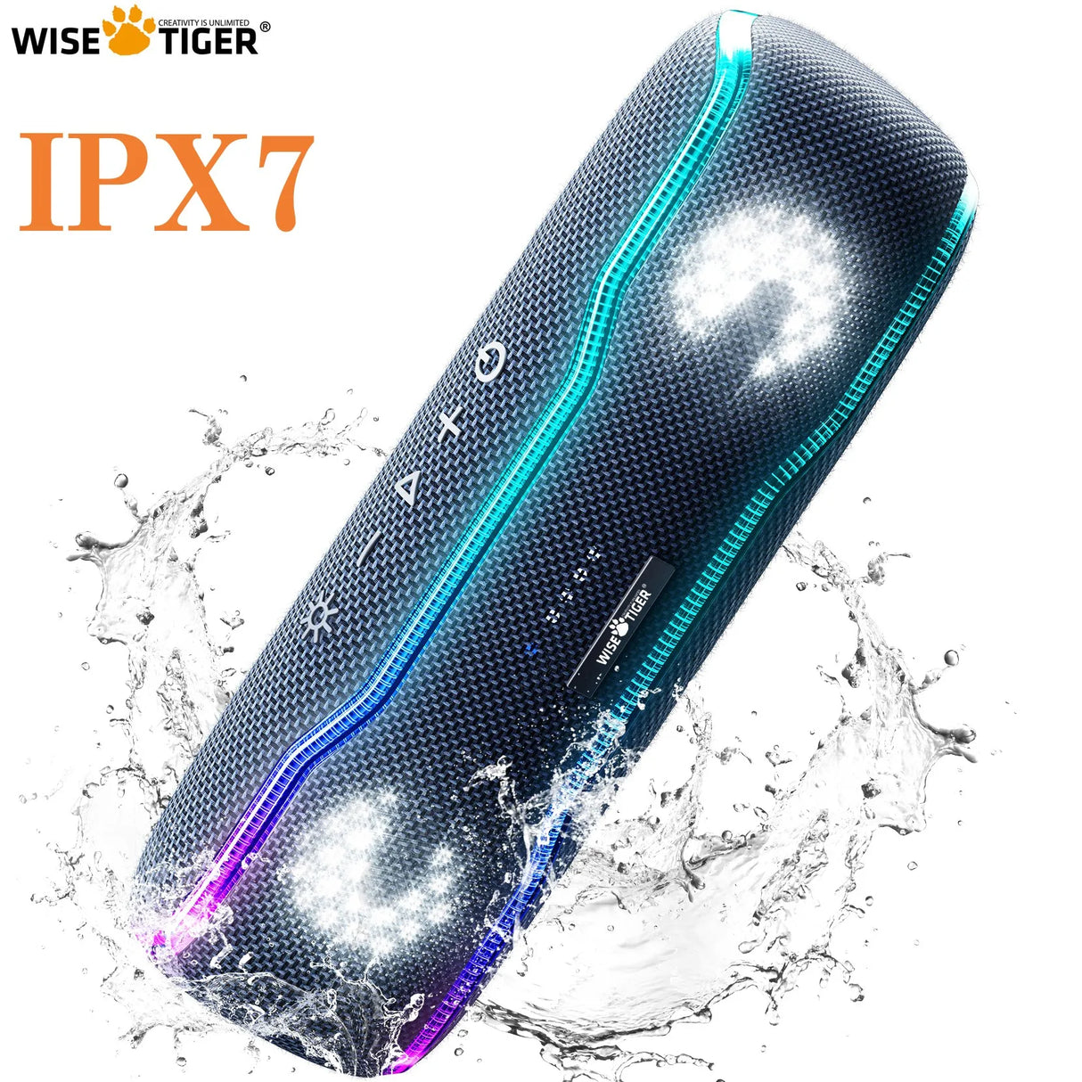 Altavoz Bluetooth WISETIGER para exteriores, resistente al agua IPX7, 25 W, BT5.3, estéreo envolvente con luces ecualizadoras pulsantes.