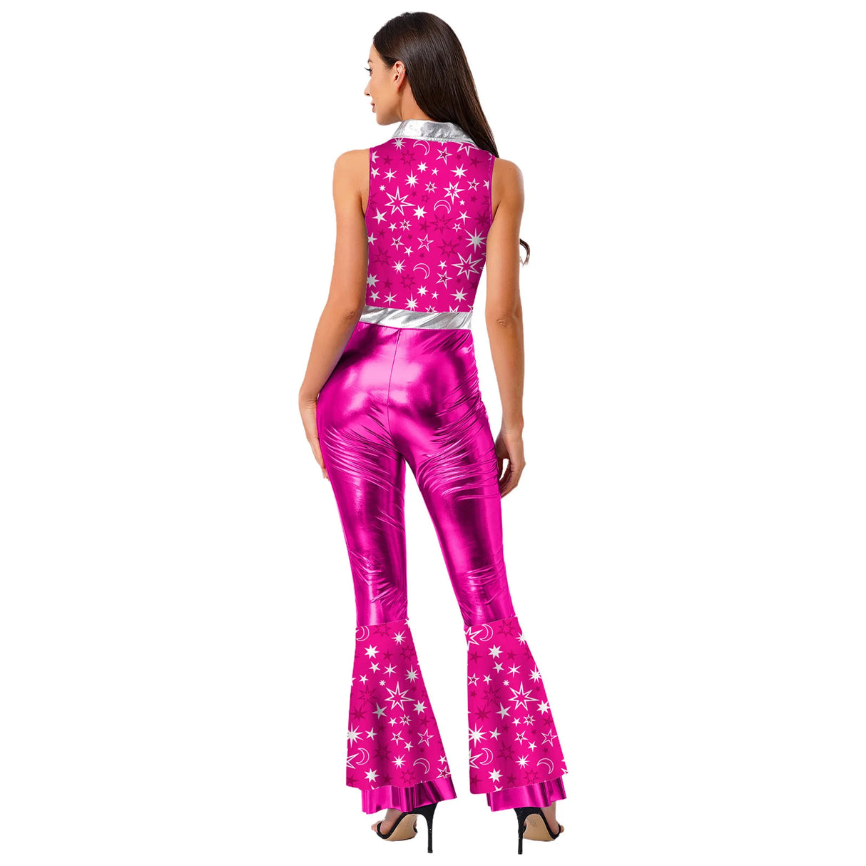 Womens Halloween Retro Hippie Cosplay Costume Party Hip-hop Dance Costume Metallic Shiny Vintage Carnival Bodysuit Jumpsuit