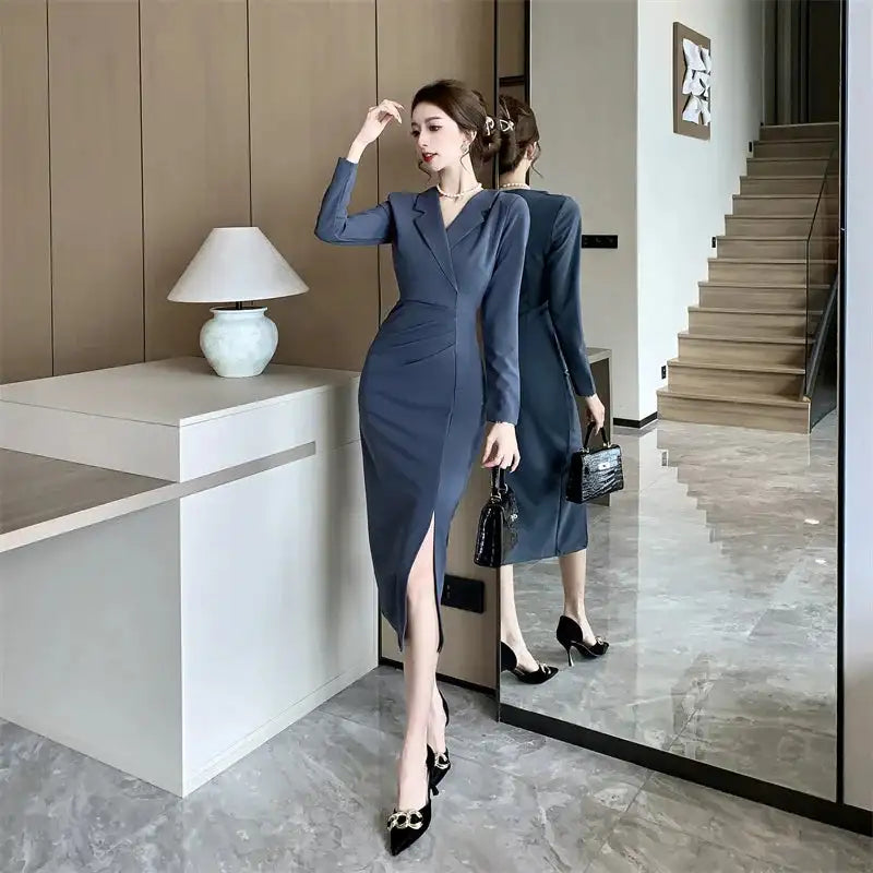 Women Pink Pleated Bodycon Formal Long Dress Autumn Winter Long Sleeve Chic Suit Dress 2025 Korean Fashion Elegant Party Dresses - Lootquake