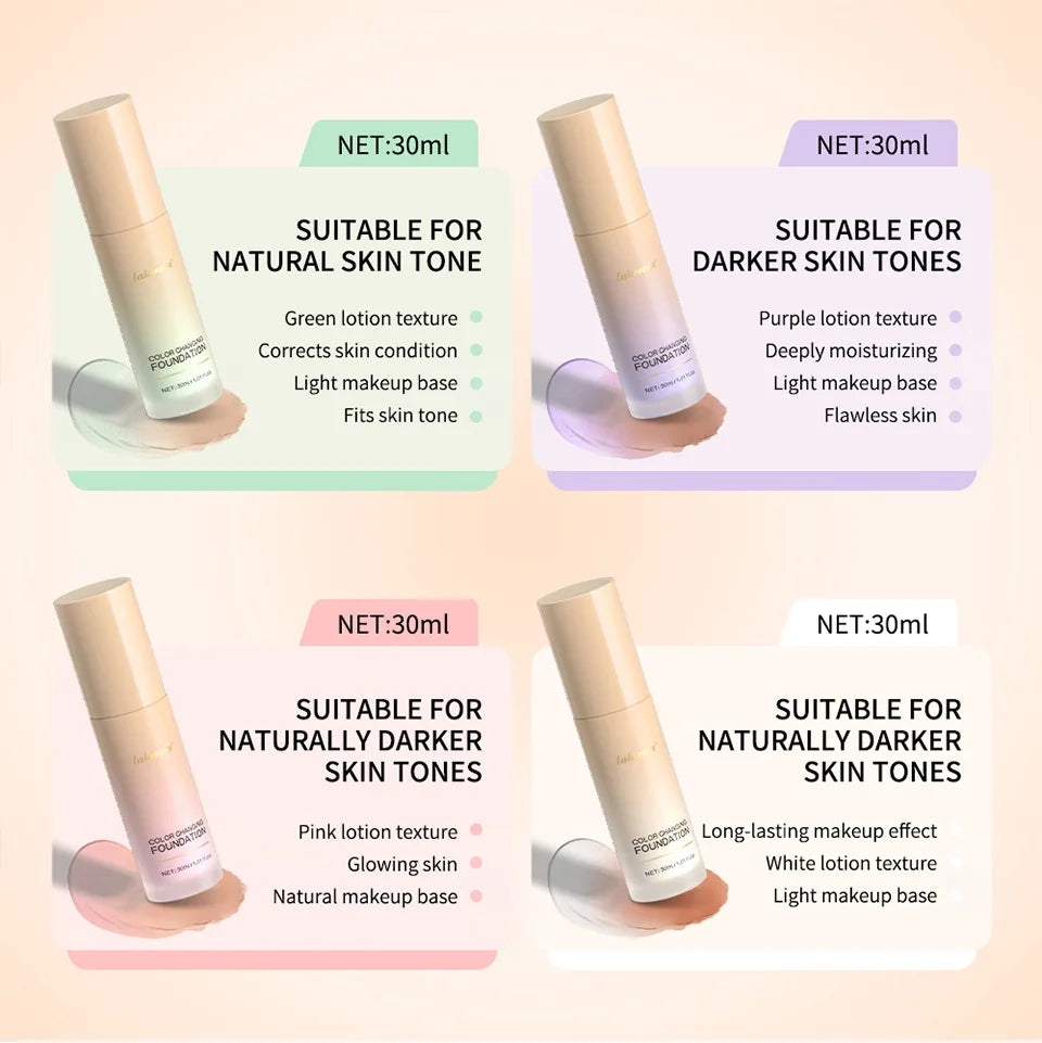 Base de maquillaje Lakerain que cambia de color CC Cream, base de maquillaje facial resistente al agua, base líquida, corrector impecable de larga duración.