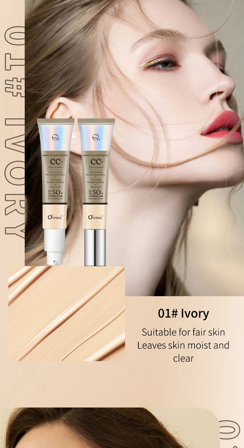 Ocheal 30 g CC Cream Foundation Corrector a prueba de agua Hidratante Protector solar Líquido FPS 50+ Prebase de maquillaje iluminadora de larga duración
