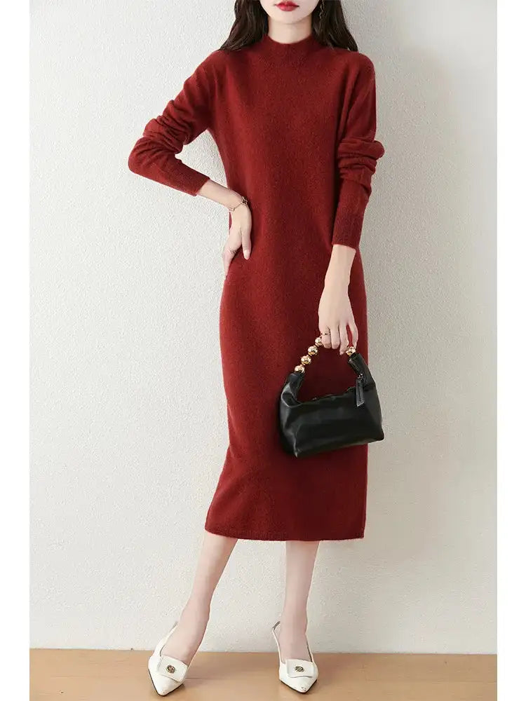 Autumn Winter Women's Wool Long Dress Cashmere Mock Neck Pullover Sweater 100% Merino Wool Soft Knitwear OL Simple Basic Dress - Lootquake
