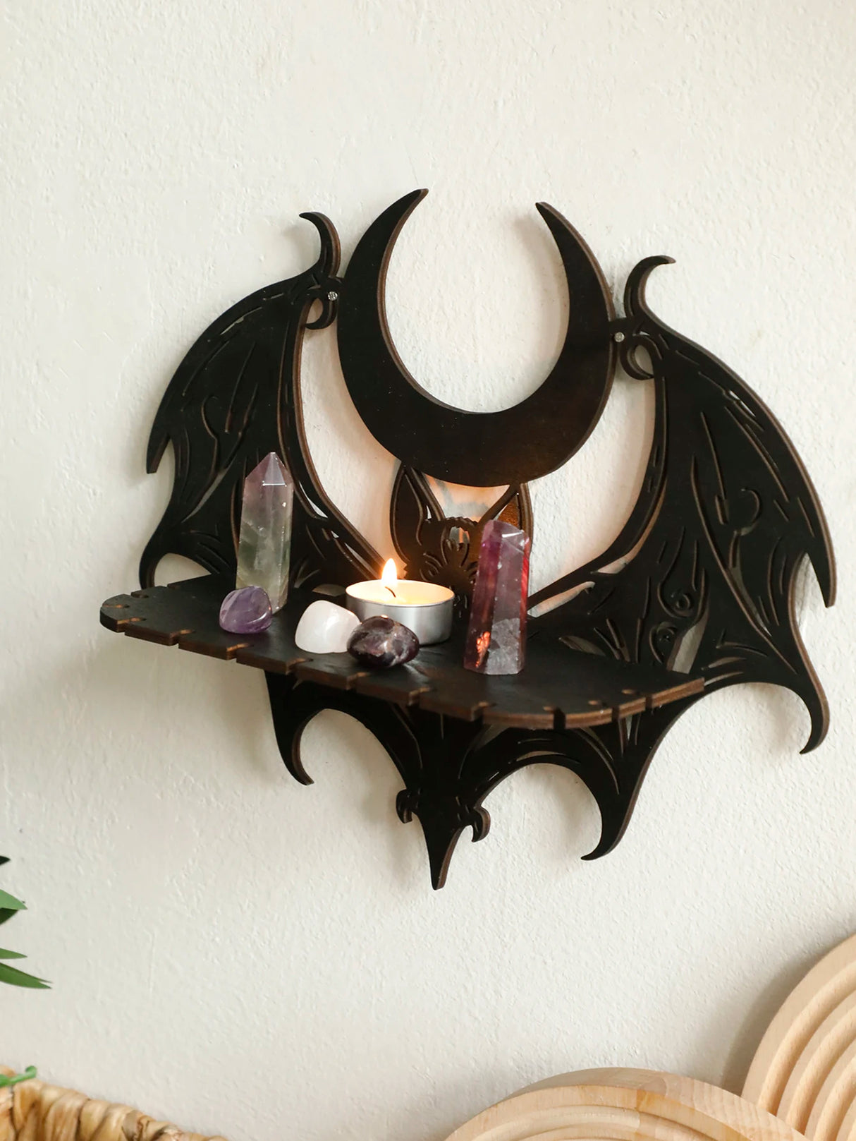 Étagère murale en bois noire pour Halloween, motif gothique chauve-souris et lune, étagère flottante creuse, support en cristal, décoration d'intérieur gothique, décoration de chambre de sorcière