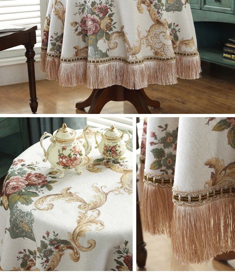 European Retro Style Jacquard Tablecloth Chenille Tassels Home Furnishings Living Room Decorate Dustproof Round Tablecloth