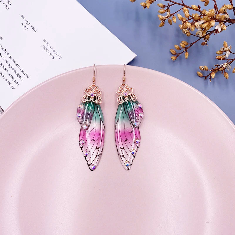 New Handmade Fairy Simulation Wing Earrings Insect Butterfly Wing Drop Earrings Foil Rhinestone Earrings Romantic Bridal Jewelry - Lootquake