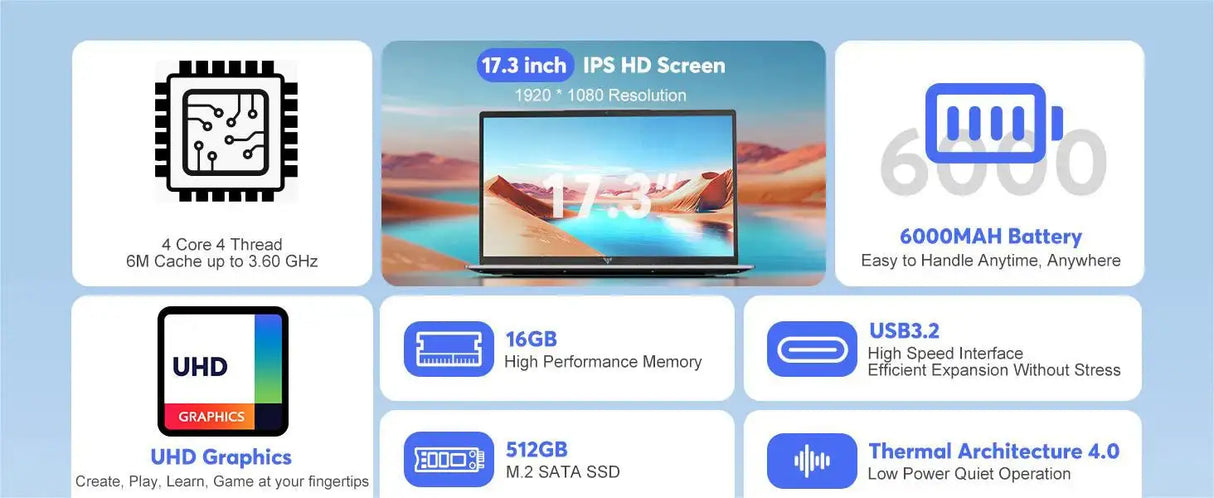 ACEMAGIC Laptop 17.3'' FHD Intel Alder Lake N97 up to 3.6GHz 16GB DDR4 512GB SSD with Windows 11 - Lootquake