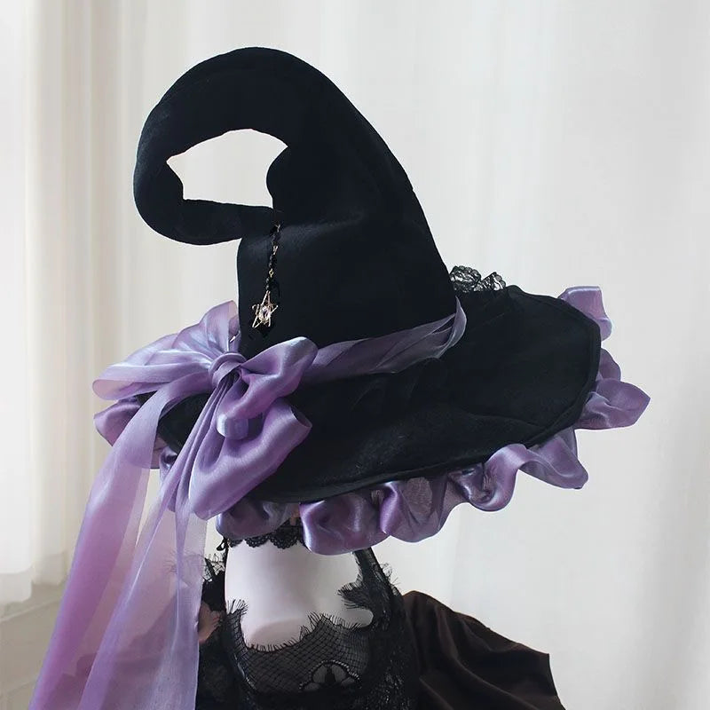 Halloween Party Witch Hat Costume Bowknot Large Black Crooked Ruched Wizard Hat Accessory