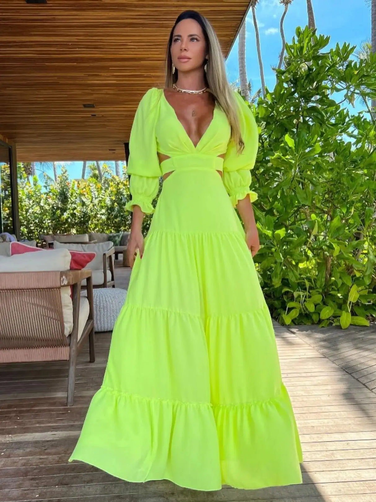 2024 Fashion New Women's Sexy Vacation Dress Solid Long Dress Cut Out Exposed Waist High Slit Suspender Long Skirt - Lootquake