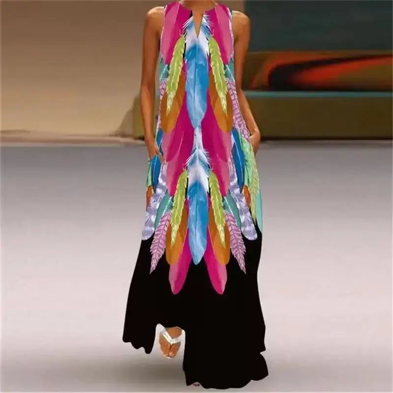 Rainbow Gradient Print Elegant Women's Dress 2024 Summer Sexy Sleeveless V-neck Evening Long Dress Women Casual Party Maxi Dress - Lootquake