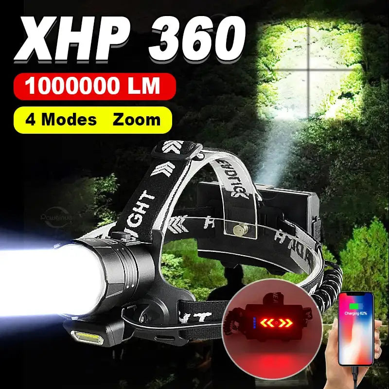 1000000LM XHP360 High Power Fishing Headlamp Rechargeable Light Headlight Camping Hiking Led Flashlights Power Bank Head Lamp - Lootquake