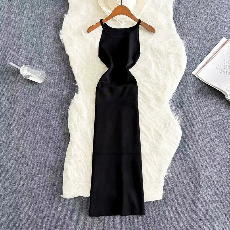 2024 Sexy Summer Knit Strap Dress Women Halter Elatic Waist Bodycon Sundress Female Beach Solid Maxi Long Dress - Lootquake