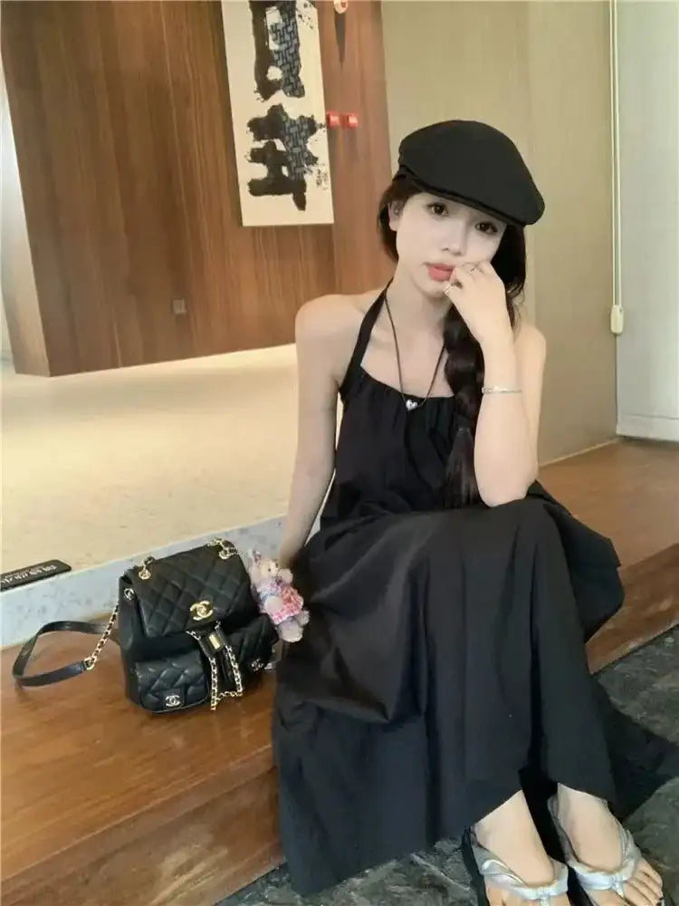 Summer Vacation Dress Thailand Style Open-back Halter Neck Age-reducing Photography Beach Long Dress Belted - Lootquake