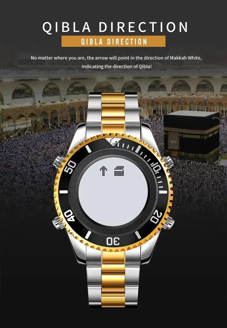 SKMEI 2141 Stainless Steel Digital Watche Muslim Azan Prayer Compass Clock Adhan Alarm Hijri Islamic Wristwatch with Back Light - Lootquake
