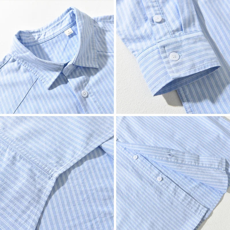 Korean Style Long Sleeve Striped Shirts for Man Spring Summer New Male Tops Lapel Pure Cotton Casual Shirts Elegant Mens Shirts - Lootquake