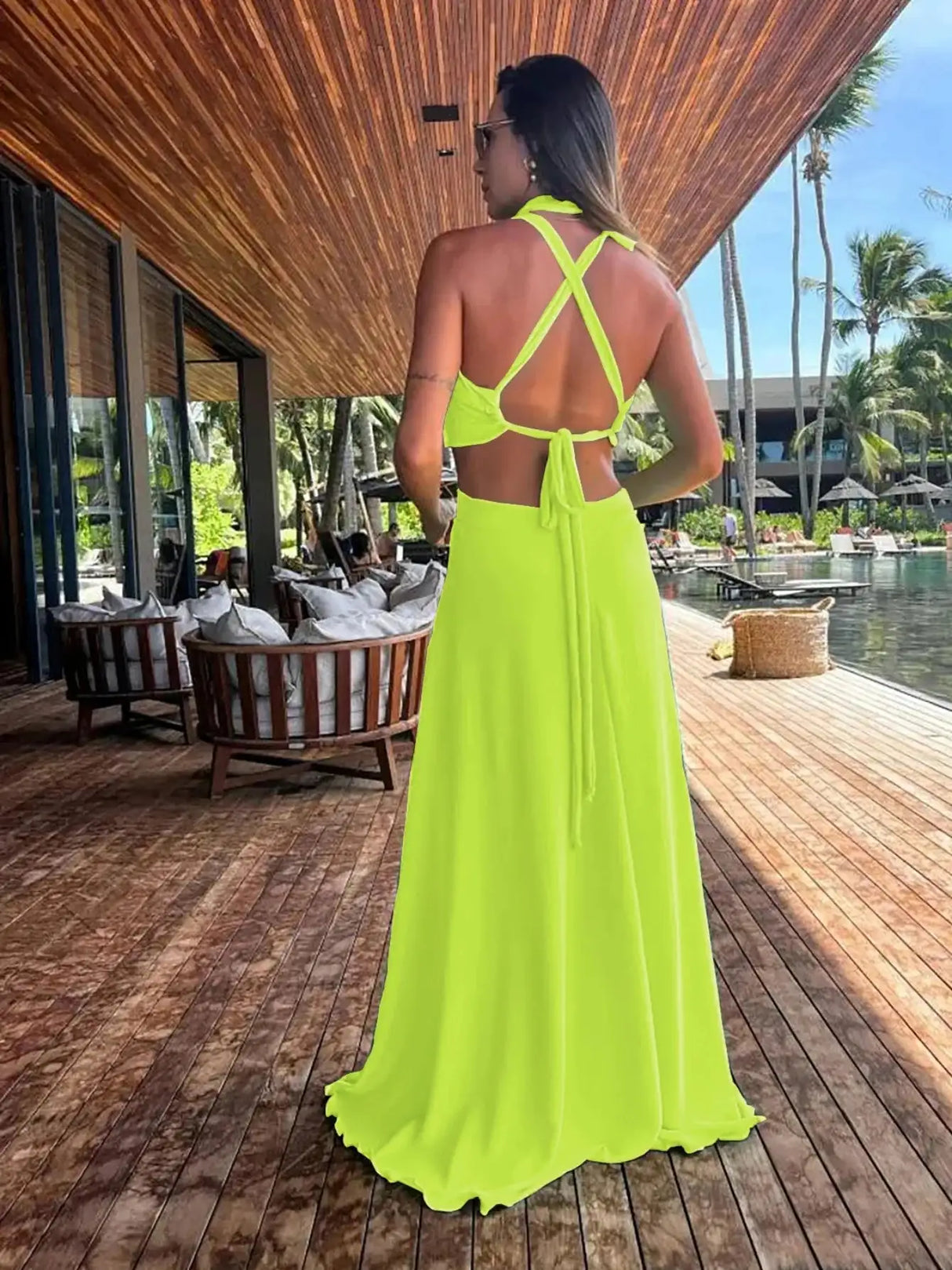 2024 Fashion New Women's Sexy Vacation Dress Solid Long Dress Cut Out Exposed Waist High Slit Suspender Long Skirt - Lootquake