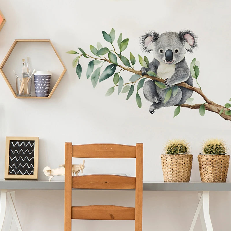 Pegatinas de pared de dibujos animados de koala trepando ramas de árboles, decoración de pared para habitación infantil, guardería, papel tapiz de PVC