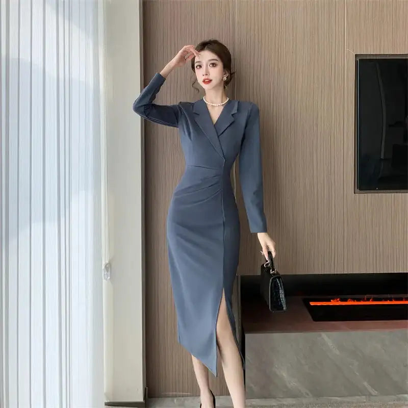 Women Pink Pleated Bodycon Formal Long Dress Autumn Winter Long Sleeve Chic Suit Dress 2025 Korean Fashion Elegant Party Dresses - Lootquake