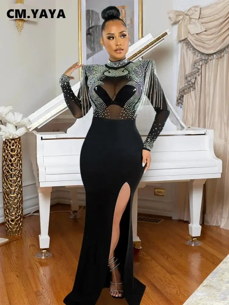 CM.YAYA Women Mesh See Through Long Sleeve Diamonds Hot Rhinestones Mermaid Long Dress Fall Evening Sexy Party Dresses Vestidos - Lootquake