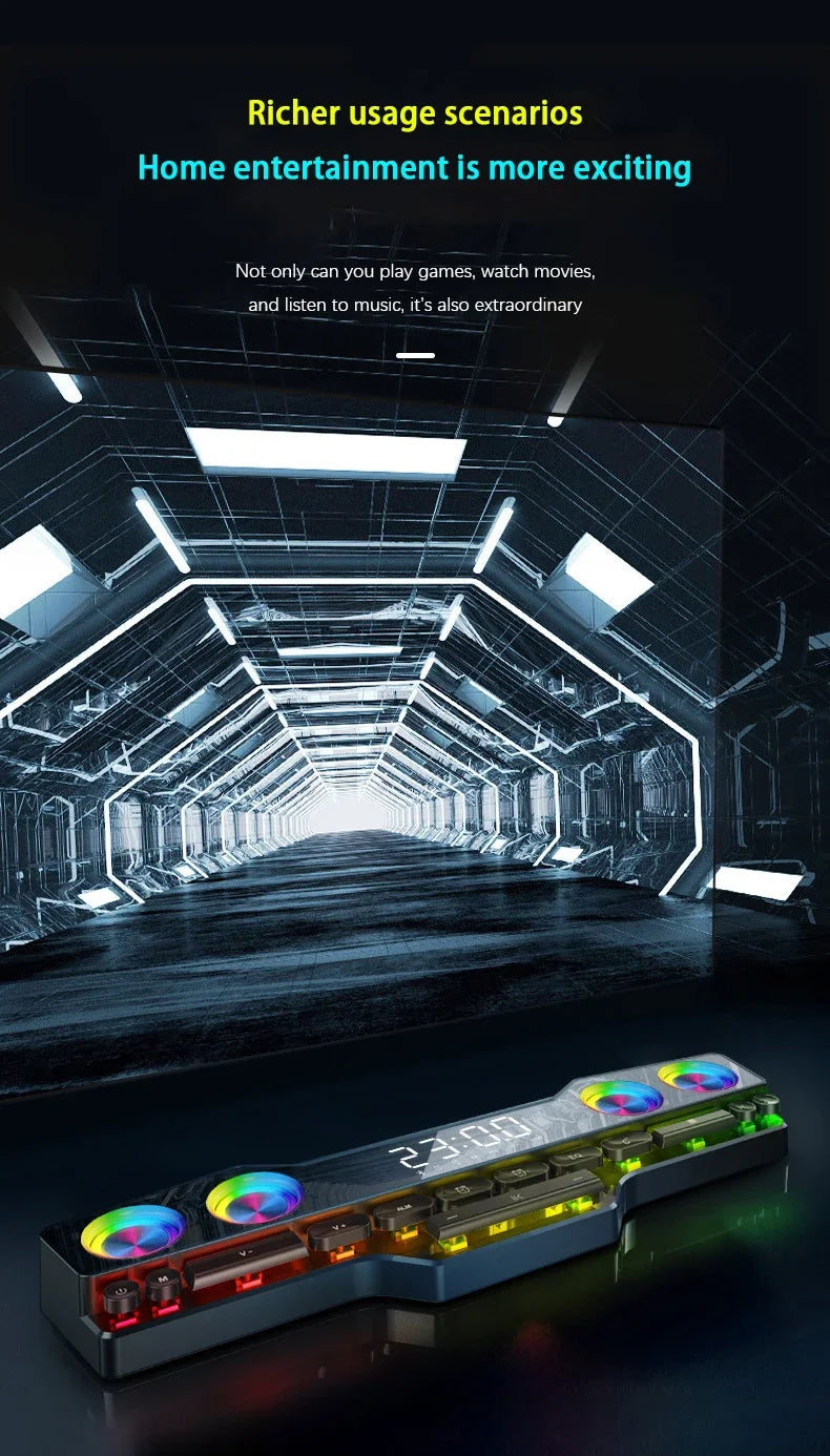 Barre de son sans fil Bluetooth pour jeux vidéo, USB, stéréo 3D, caisson de basses, FM, horloge, barre de son intérieure, haut-parleur pour ordinateur, offre spéciale