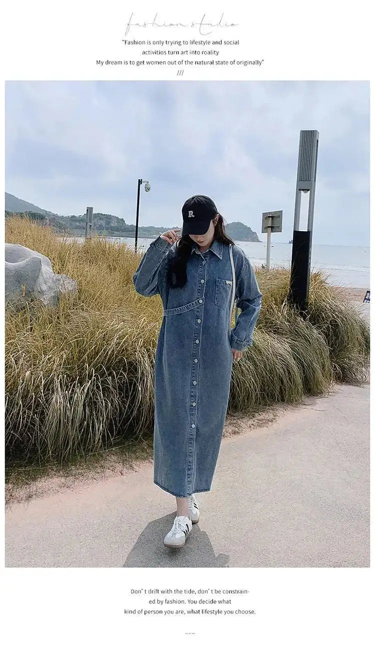 Denim Long Dress 2024 New Fashion Spring Autumn Korean Sweet Cargo LOOSE FIT Full Sleeve Girls Dress All-match - Lootquake