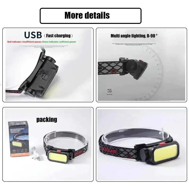 COB Headlight Portable Headlamp With Built-in 18650 Battery Flashlight USB Rechargeable Outdoor Camping Fishing Climbing Lantern - Lootquake