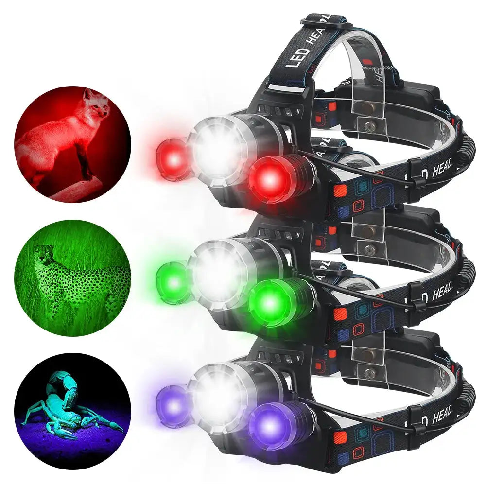 Headlamp Green/Red/UV395nm+White Dual Light Rechargeable Fixed Focus Waterproof 4Modes Headlight Hunting Camping Hiking Working - Lootquake