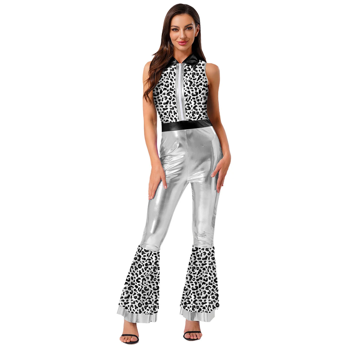 Womens Halloween Retro Hippie Cosplay Costume Party Hip-hop Dance Costume Metallic Shiny Vintage Carnival Bodysuit Jumpsuit