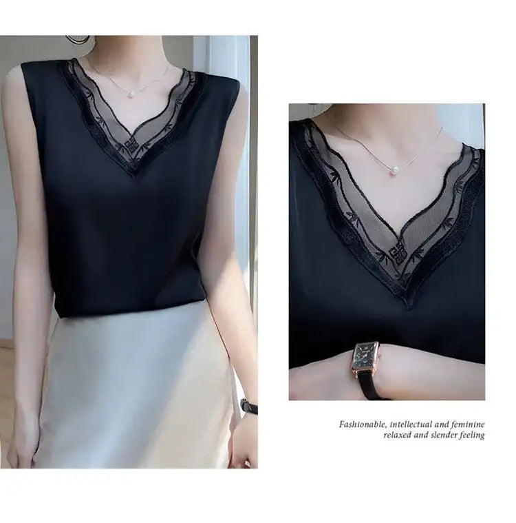 new woman clothing vest camis Tank top women's suit bottom lace lining 2024 summer new silk satin sleeveless top suspender vests - Lootquake