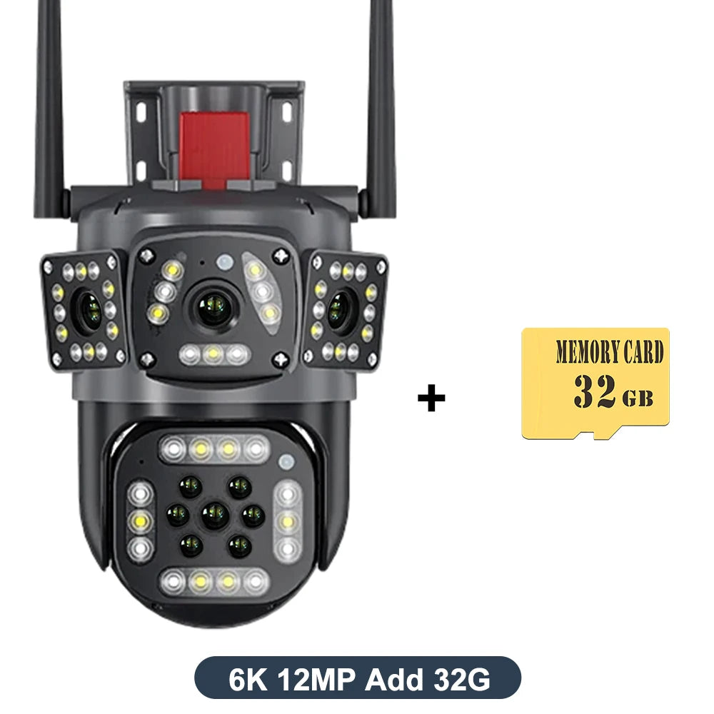 Caméra de surveillance extérieure WiFi 6K 12MP avec suivi de mouvement et zoom PTZ, trois écrans, vue à 360°