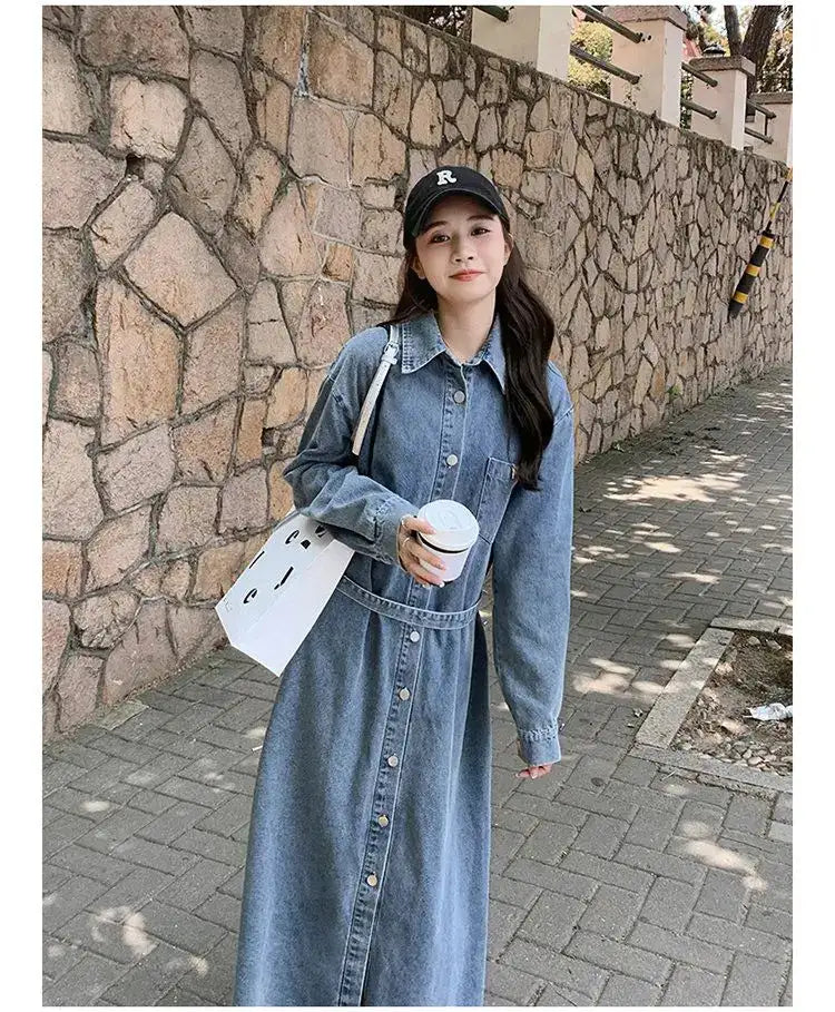 Denim Long Dress 2024 New Fashion Spring Autumn Korean Sweet Cargo LOOSE FIT Full Sleeve Girls Dress All-match - Lootquake