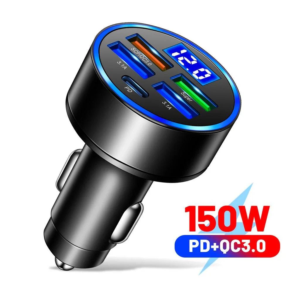 66-250W PD Car Charger QC3.0 Fast Charge with Digital Display 4USB and 2PD Ports for Car Cigarette Lighter Plug