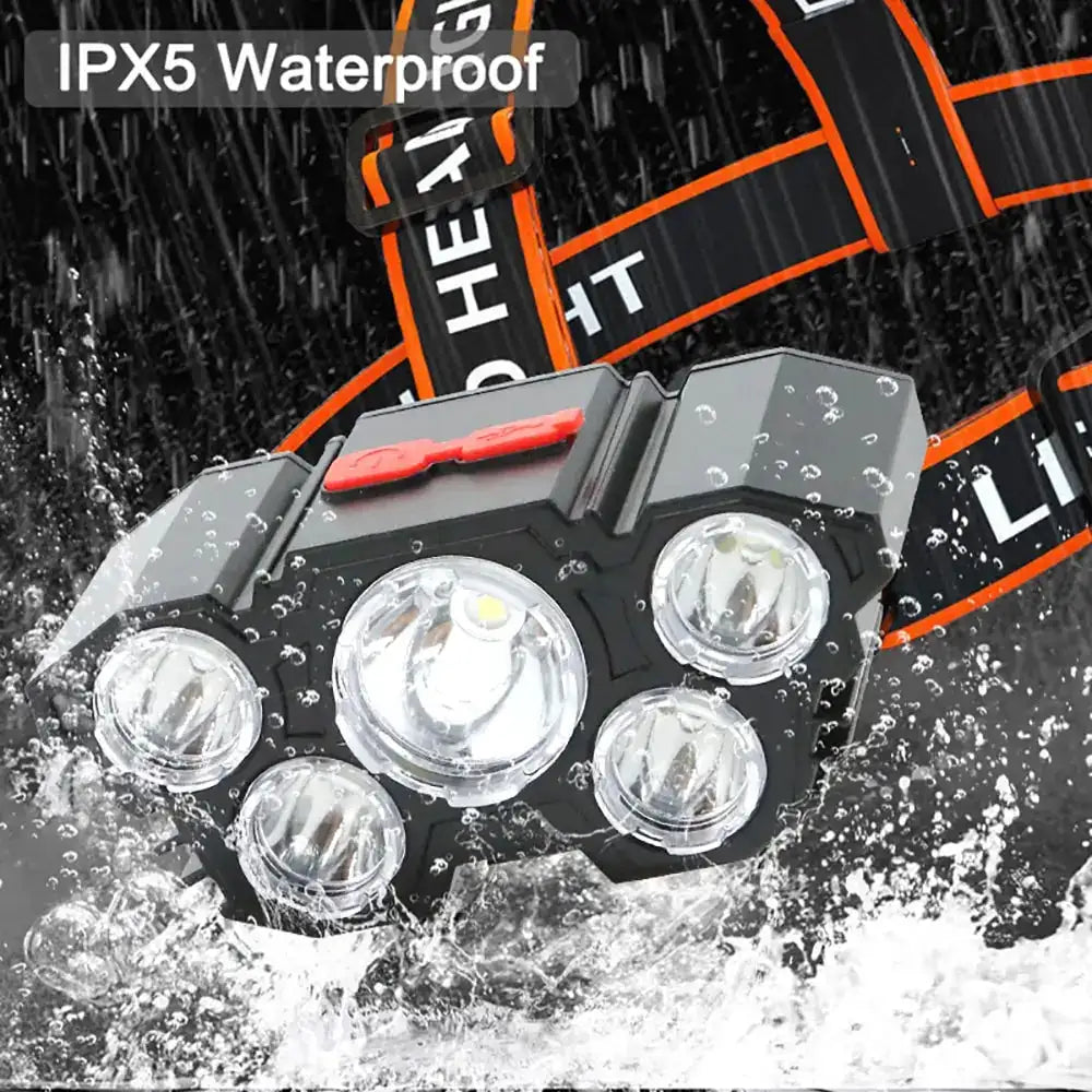 5LED Headlamp Rechargeable With Built In 18650 Battery Strong Light Long Range Torch Outdoor Camping Adventure Fishing HeadLight - Lootquake