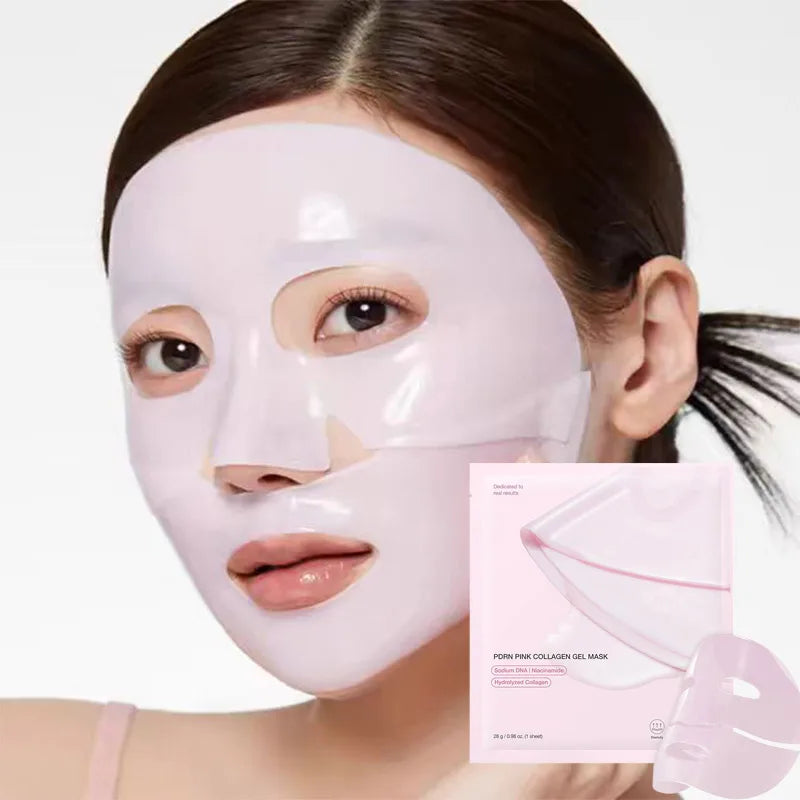 Mascarilla facial de gel de colágeno rosa con sabor a salmón. Hidratación profunda, hidratación y reafirmación en láminas de hidrogel. Equilibra el tono de la piel.