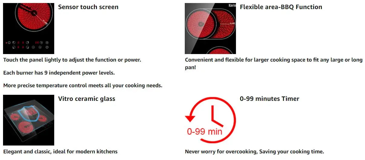 Karinear dispose d'une cuisinière en céramique avec 4 brûleurs intégrés, deux zones extensibles, une table électrique intégrée, une commande tactile, une minuterie