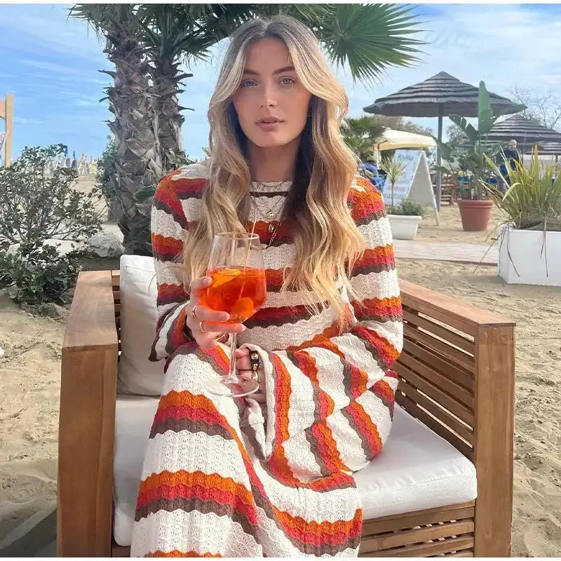 Striped Knitted Long Dress Women O-neck Backless Hollowed Out Long Sleeves Lady Bodycon Dress 2024 Spring Summer Vacation Robe - Lootquake
