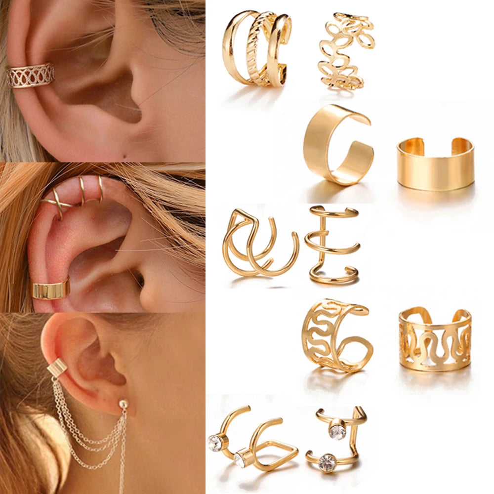 LATS Gold Color Leaves Ear Cuffs, Black Non-Piercing Ear Clip Earrings for Women & Men - Lootquake