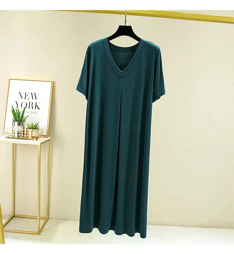 Modal Cotton Short Sleeved Nightdress for Women's Summer Casual Home Sleepwear V-neck Pleated Oversized Loose Hem Mid-Long Dress - Lootquake