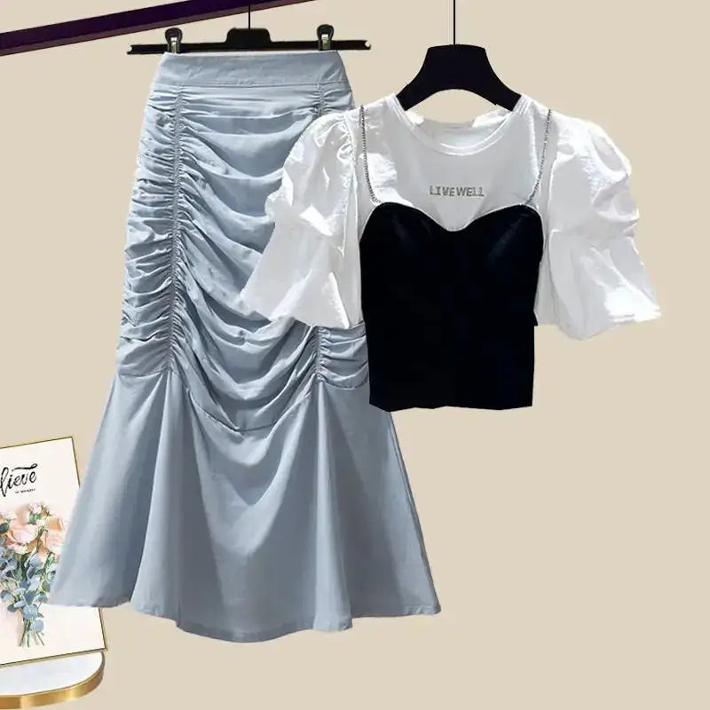 Spring/Summer Set Women's New Korean Edition Sweet and Spicy Bubble Sleeve Spliced Top Age Reducing Half Skirt Two Piece Set - Lootquake