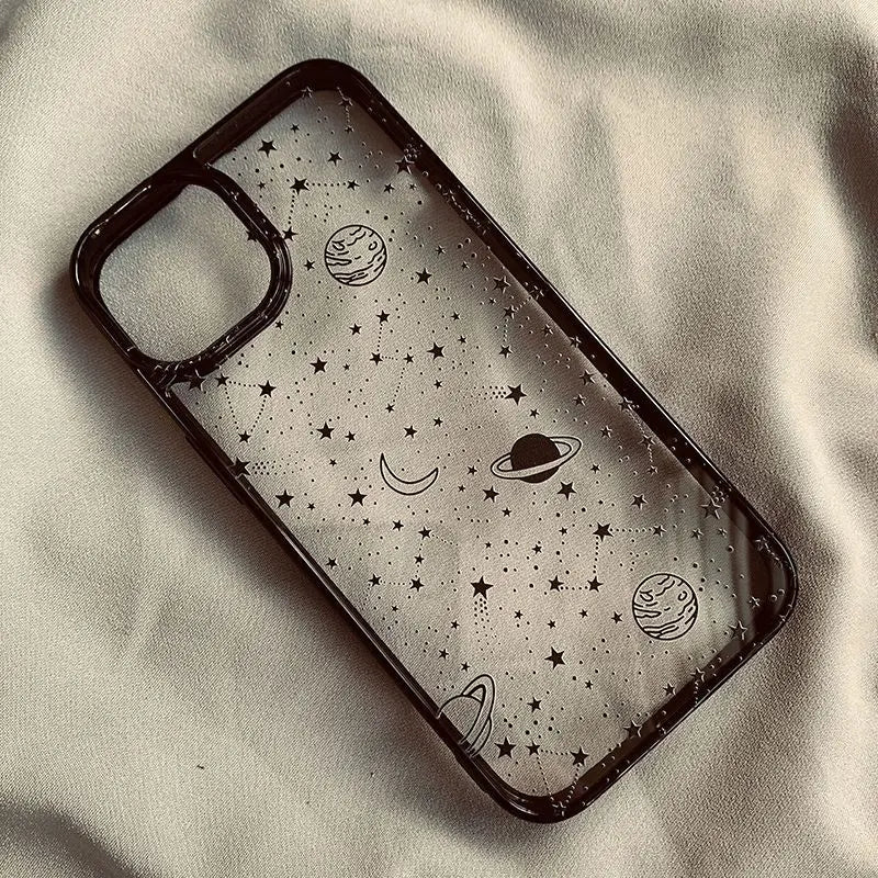 Funda transparente para teléfono con diseño de universo, cielo estrellado y luna