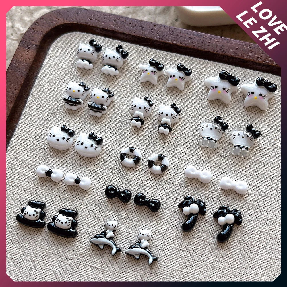 20Pcs Sanrioed Summer Beach Hello Kittys Nail Accessories Cartoon Black Skin Resin Charms Diy Girl Gift Nail Decoration - Lootquake
