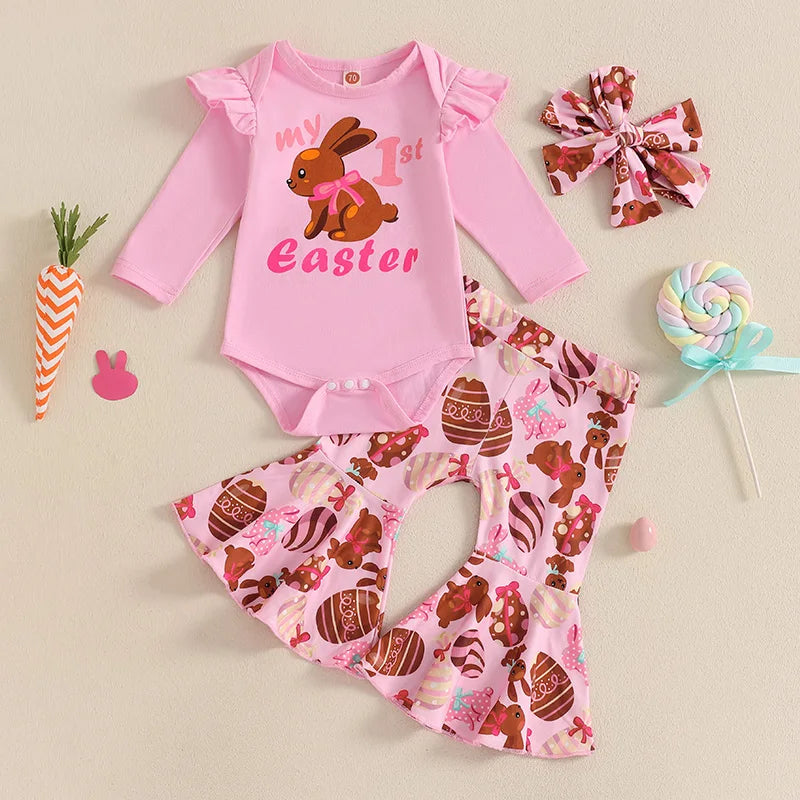 0-18M Infant Baby Girls Easter Outfits Long Sleeve Romper with Bunny Pattern Flare Pants and Headband 3 Pcs Set for Newborn - Lootquake