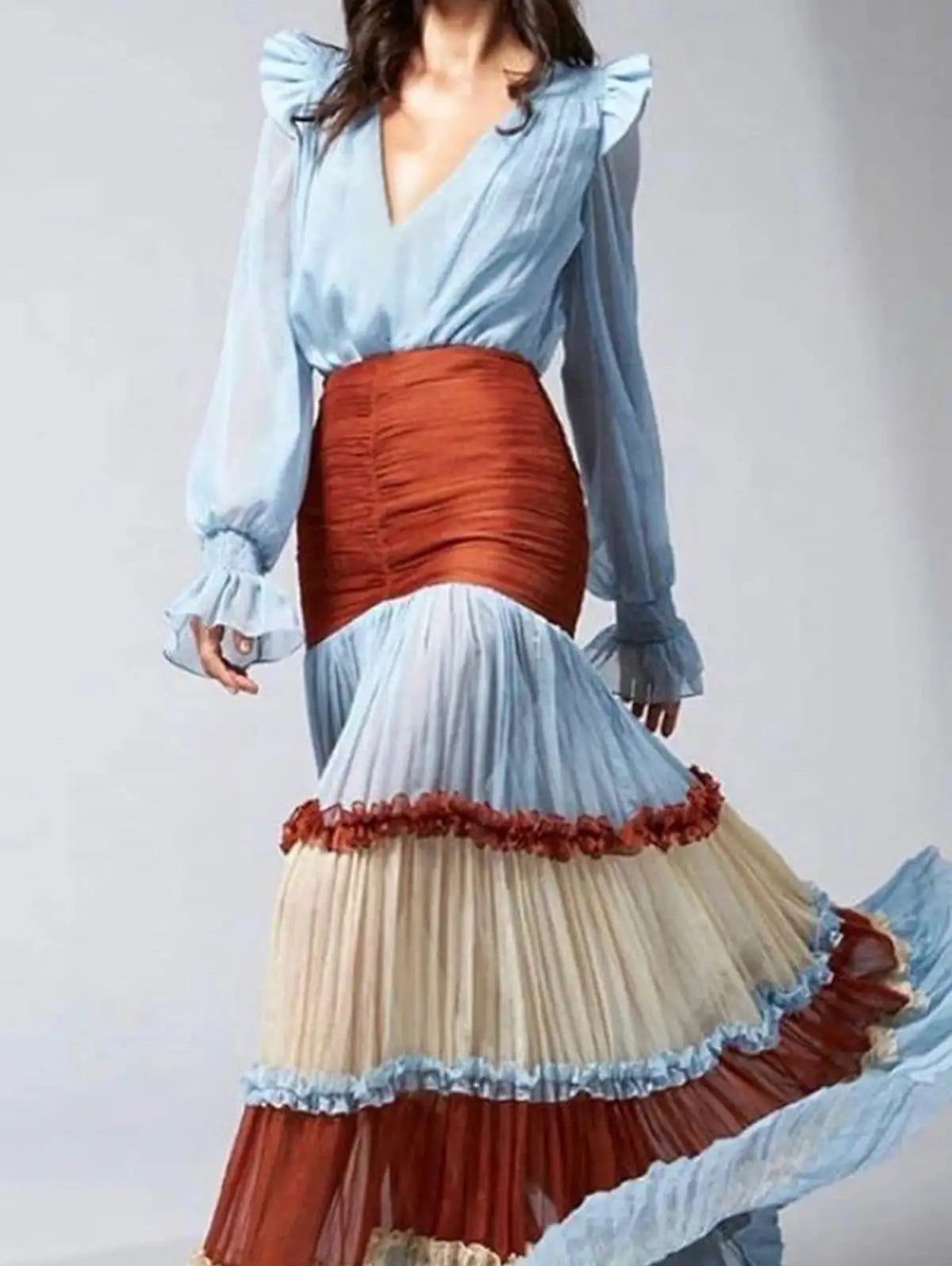 Elegant Ruffle Dress for Women Tiered A-Line Sweet Fashion Lantern Sleeve V-Neck Patchwork Layer Long Dress for Autumn 2024 - Lootquake