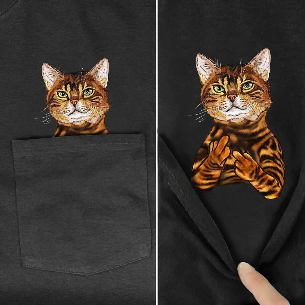 CLOOCL Animal T-Shirt Fashion Brand Summer Pocket Cat Stickers Printed T-shirt Men's Women Shirts Hip Hop Tops Funny Cotton Tees - Lootquake
