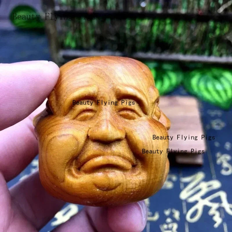 Chinese style cliff cypress wood carving with four sided Buddha decorations of joy, anger, sorrow, and music People sculpture