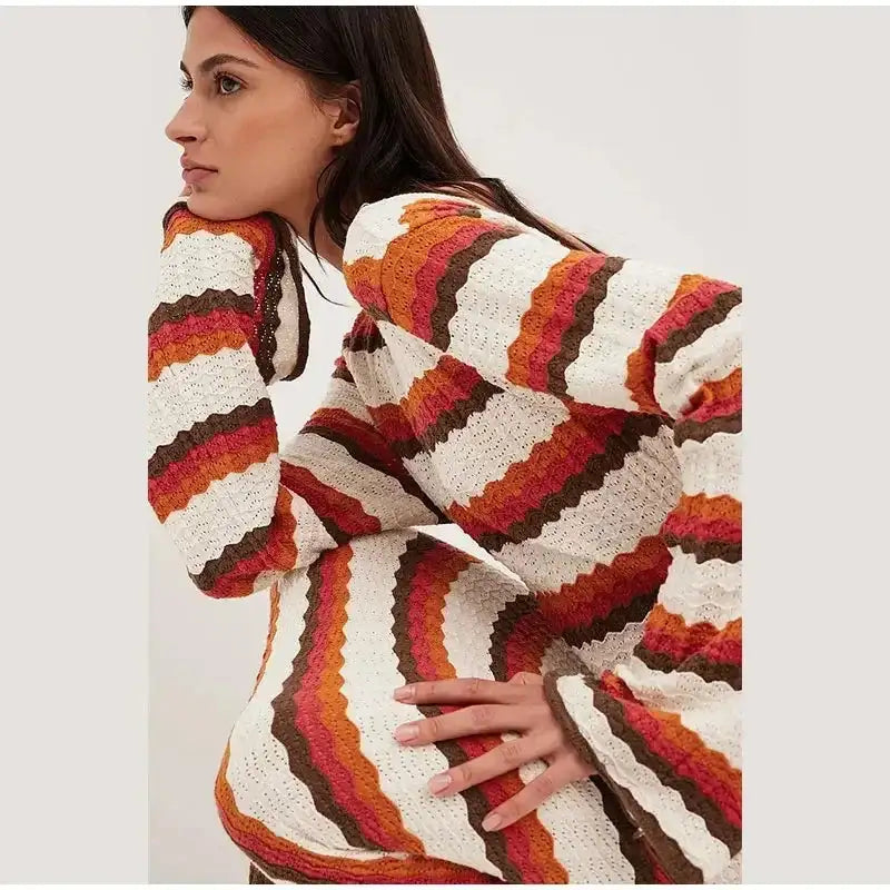 Striped Knitted Long Dress Women O-neck Backless Hollowed Out Long Sleeves Lady Bodycon Dress 2024 Spring Summer Vacation Robe - Lootquake