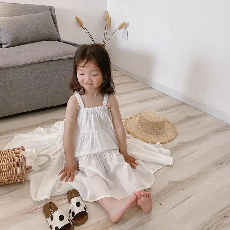 Girls Cotton Solid White Dress Ruffles Kids Strap Dress Summer Sleeveless Toddler Baby Long Dress Girl Clothes 1-6Y Kleid/robe - Lootquake
