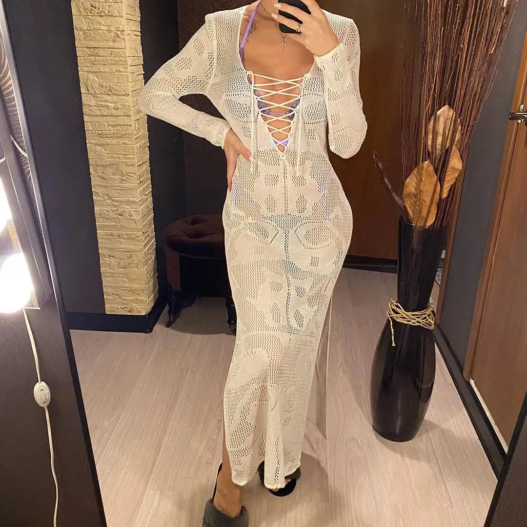 Deep V Dress Lace Up Long Sleeve Women Split Maxi Dress Crochet Knitted Tunic Mesh Sheer Sexy Bodycon Long Dress Vestido V4146B - Lootquake