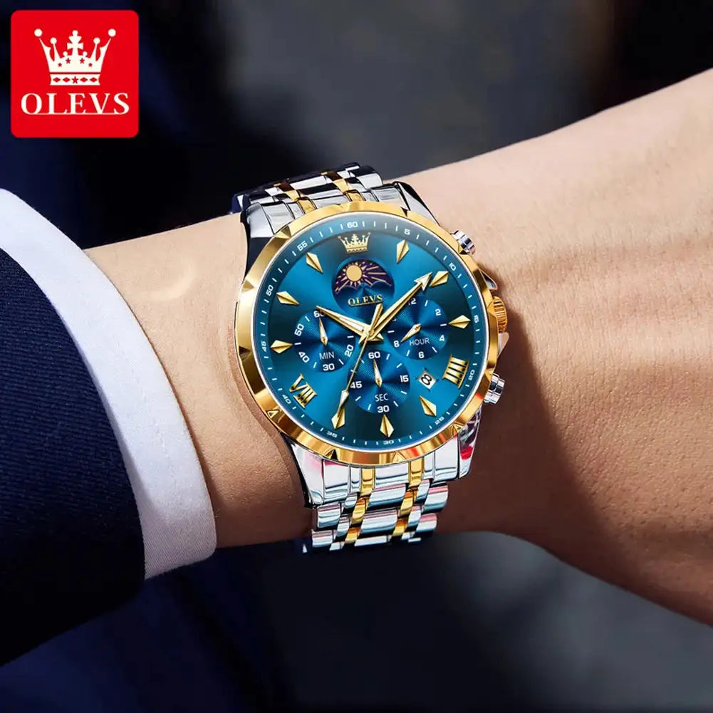OLEVS 3653 Men Watch Luxury Brand Quartz Watch Multi functional Automatic Date Timer Watch Waterproof Luminous Moonphase Watch - Lootquake